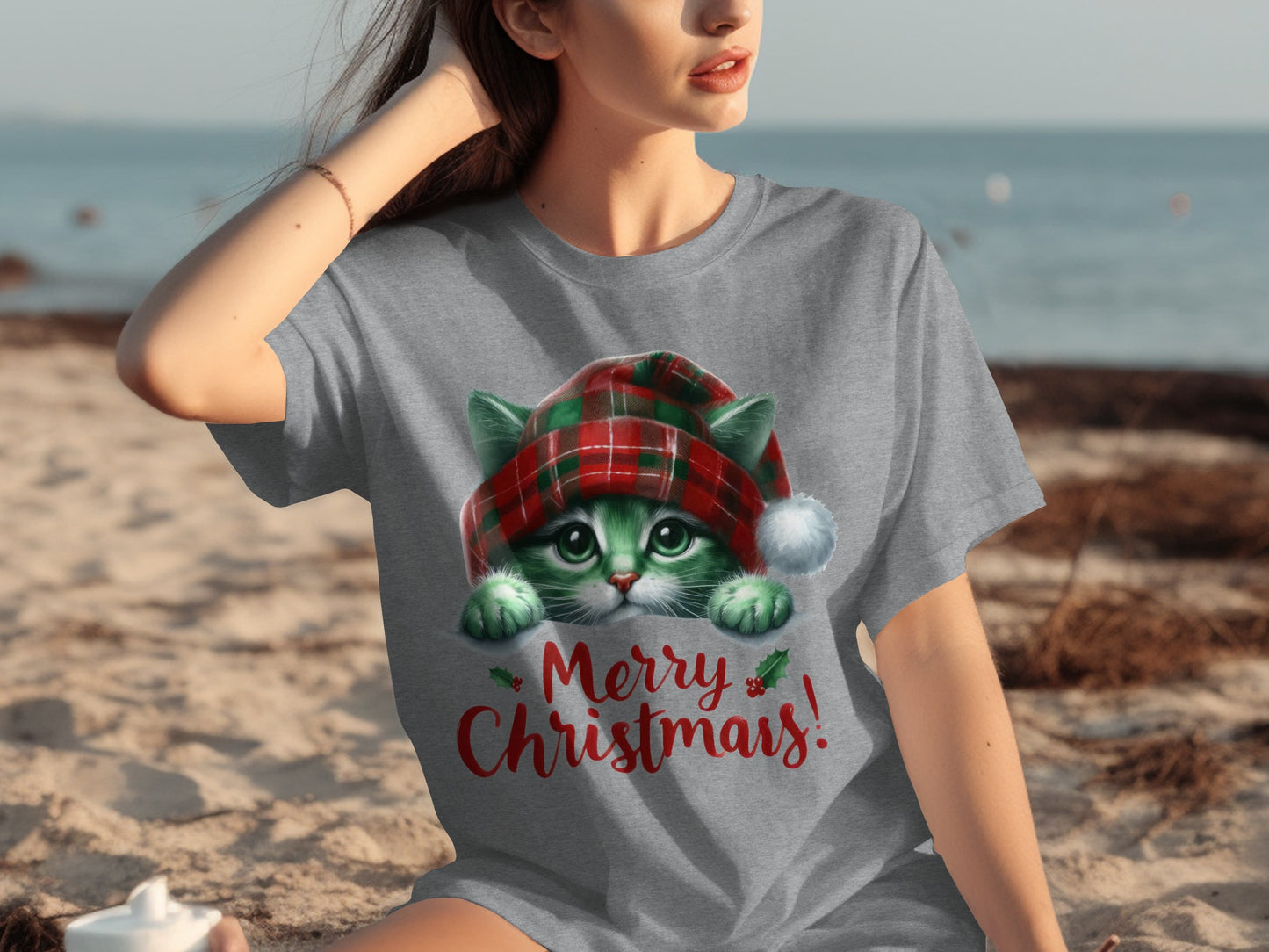Merry Christmas Green Cat Plaid Hat Graphic Shirt