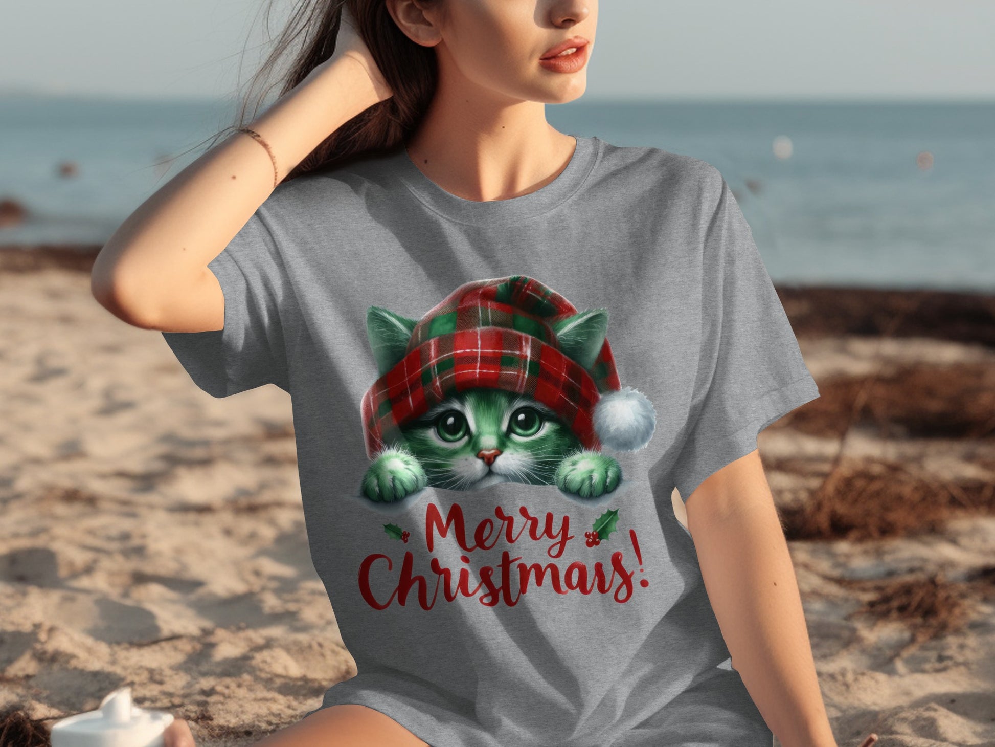 Merry Christmas Green Cat Plaid Hat Graphic Shirt