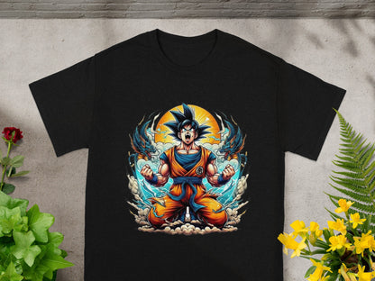 Black t-shirt featuring Goku in a fighting pose with dragons.