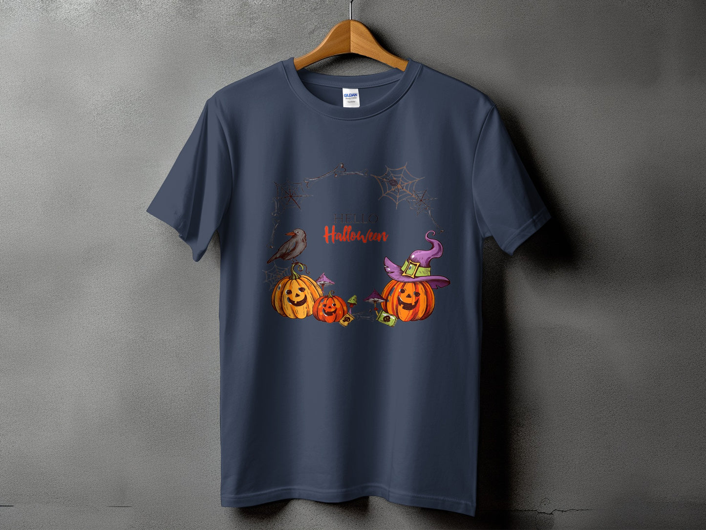 Dark blue t-shirt with "HELLO Halloween" and a Halloween scene with pumpkins.