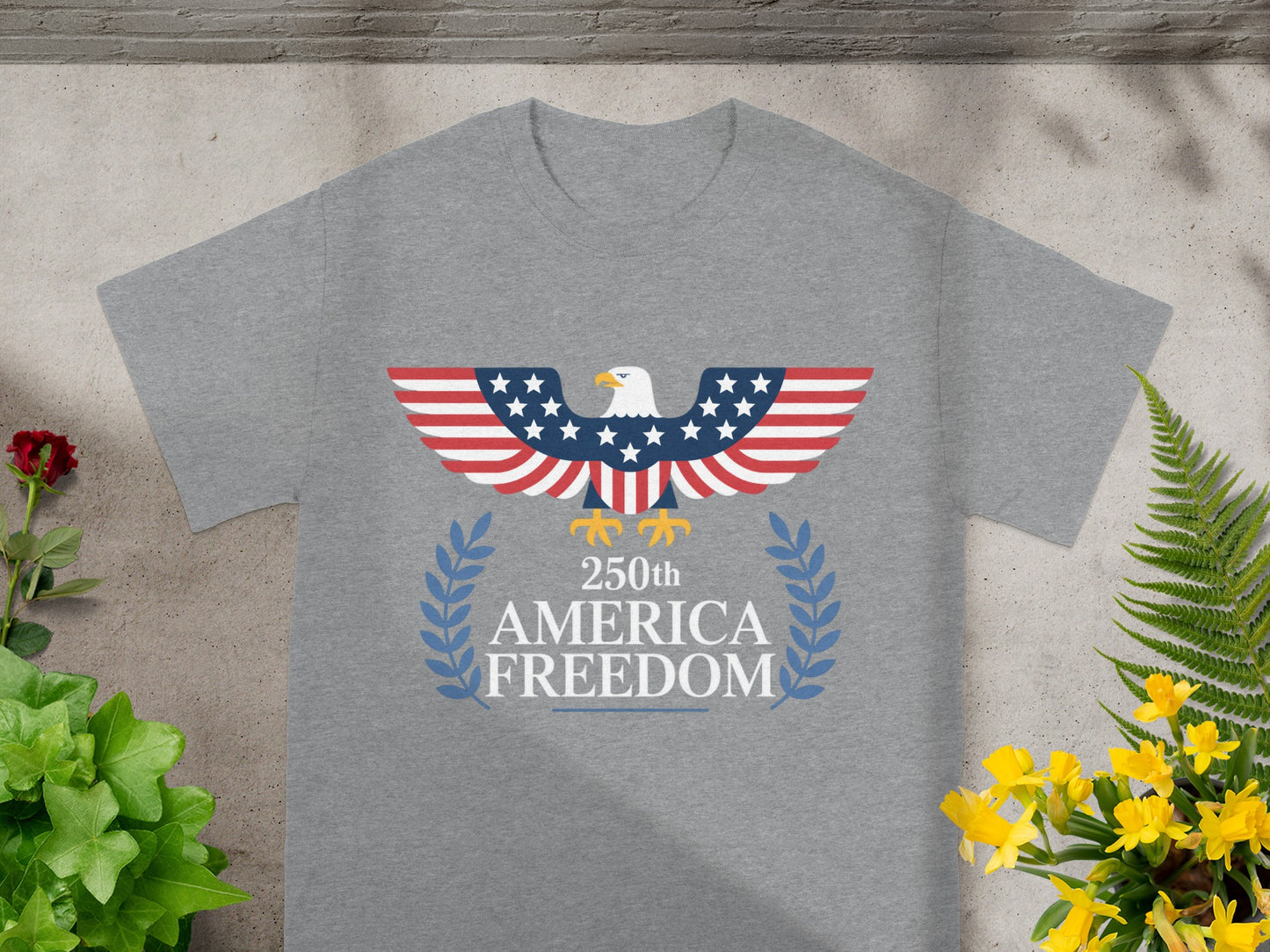 Grey t-shirt with patriotic eagle, flag wings, and "250th America Freedom" text.