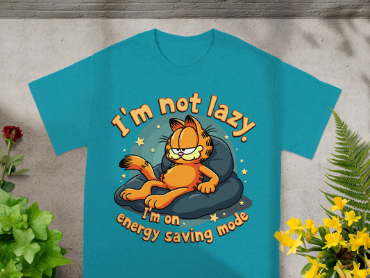 Teal t-shirt with Garfield lying down saying "I'm not lazy. I'm on energy saving mode."