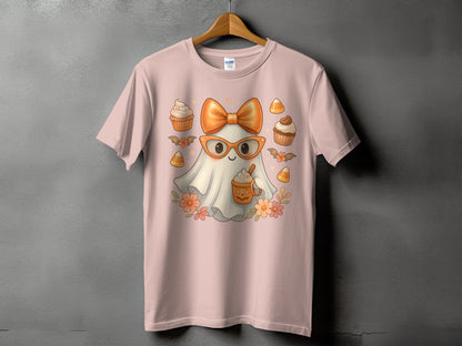 Pink t-shirt with cute ghost wearing glasses and bow, holding coffee cup.
