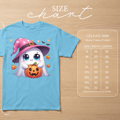 Light blue t-shirt with a kawaii ghost in a witch hat holding a jack-o'-lantern.