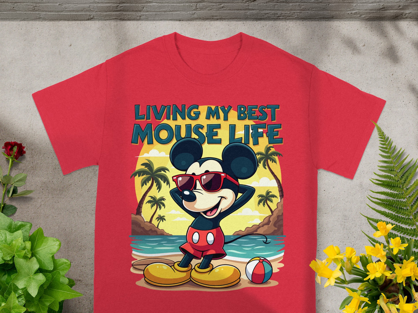 Mickey Mouse on beach wearing sunglasses under text "LIVING MY BEST MOUSE LIFE".