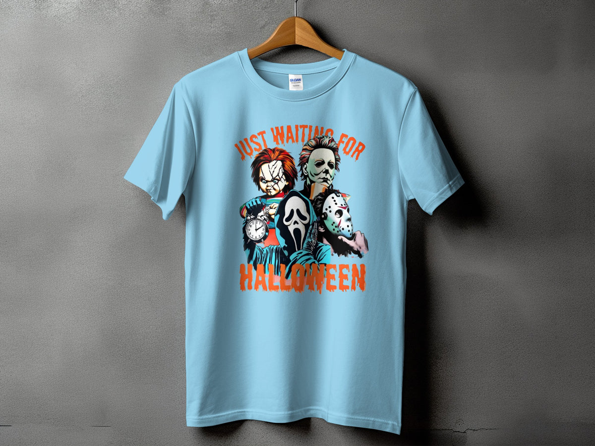 Light blue t-shirt with horror characters and "Just Waiting For Halloween" text.