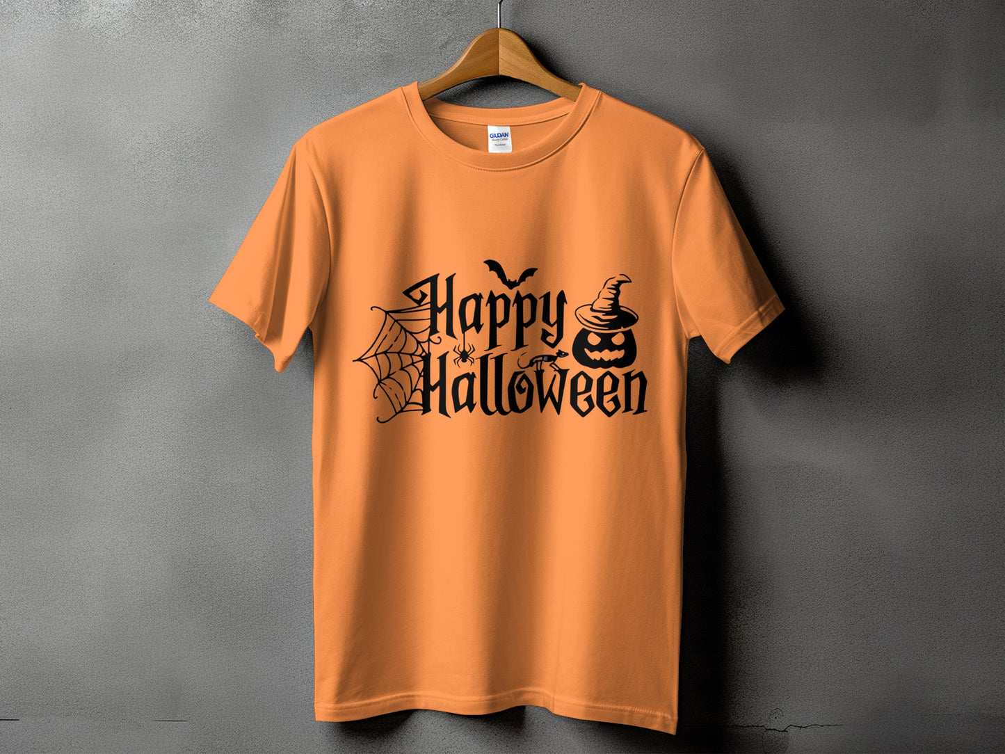 Orange t-shirt with black "Happy Halloween" text, pumpkin, bat, spider, and web design.