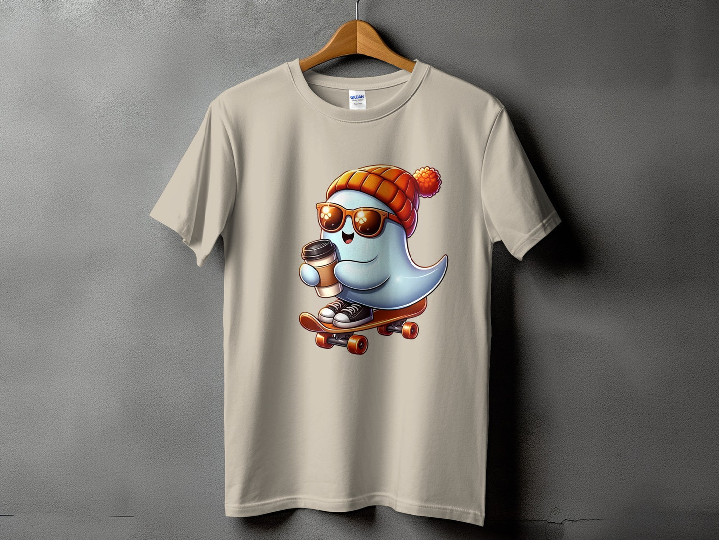 Cartoon ghost wearing beanie and sunglasses rides skateboard holding coffee cup.