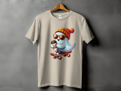Cartoon ghost wearing beanie and sunglasses rides skateboard holding coffee cup.