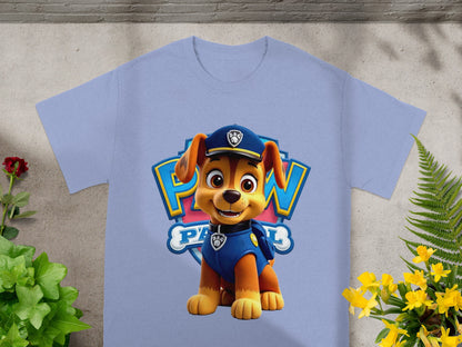 Chase from Paw Patrol on a light blue t-shirt.
