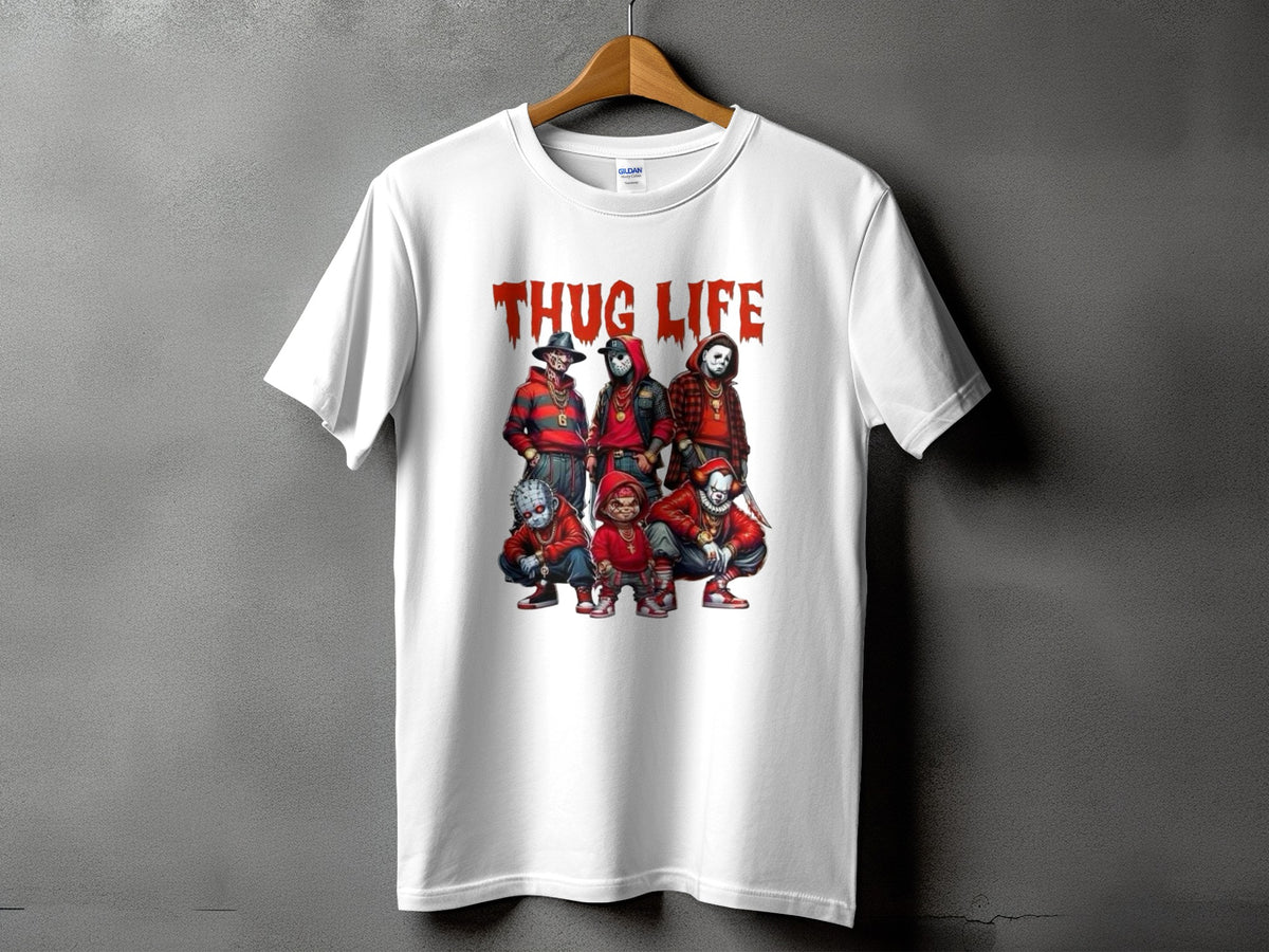 White t-shirt with "THUG LIFE" text and horror character illustrations.