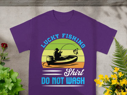 Purple shirt with graphic: "Lucky Fishing" and "DO NOT WASH".