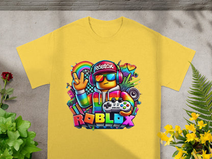 Roblox character wearing headphones and holding a game controller with rainbow accents.