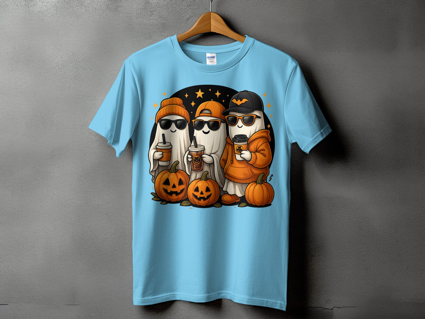 Three cartoon ghosts in sunglasses and Halloween hats hold coffee cups with pumpkins.