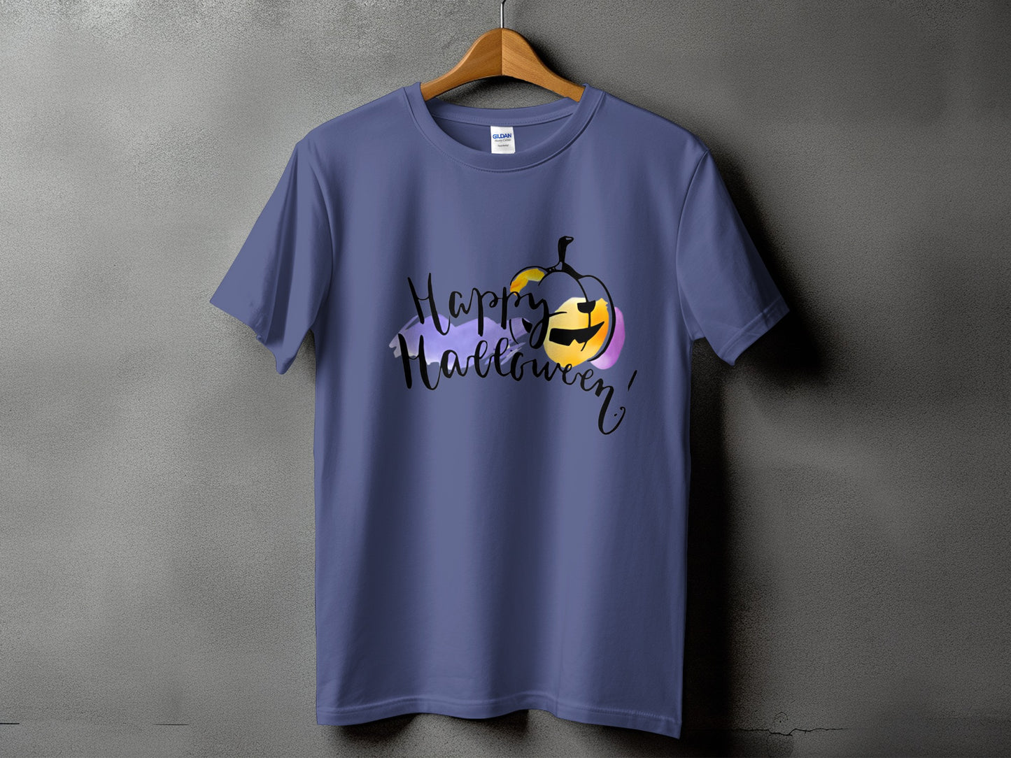 Purple t-shirt with a Halloween pumpkin graphic and "Happy Halloween" text.