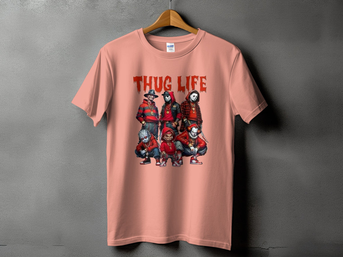 Peach t-shirt with "THUG LIFE" text and horror characters.