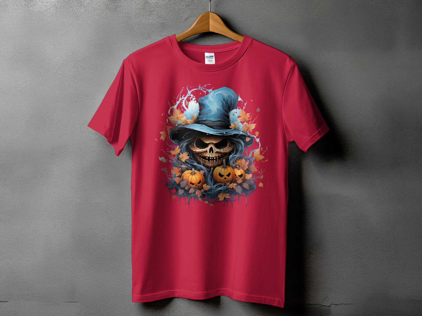 Red t-shirt featuring a Halloween skull with a witch hat and pumpkins.