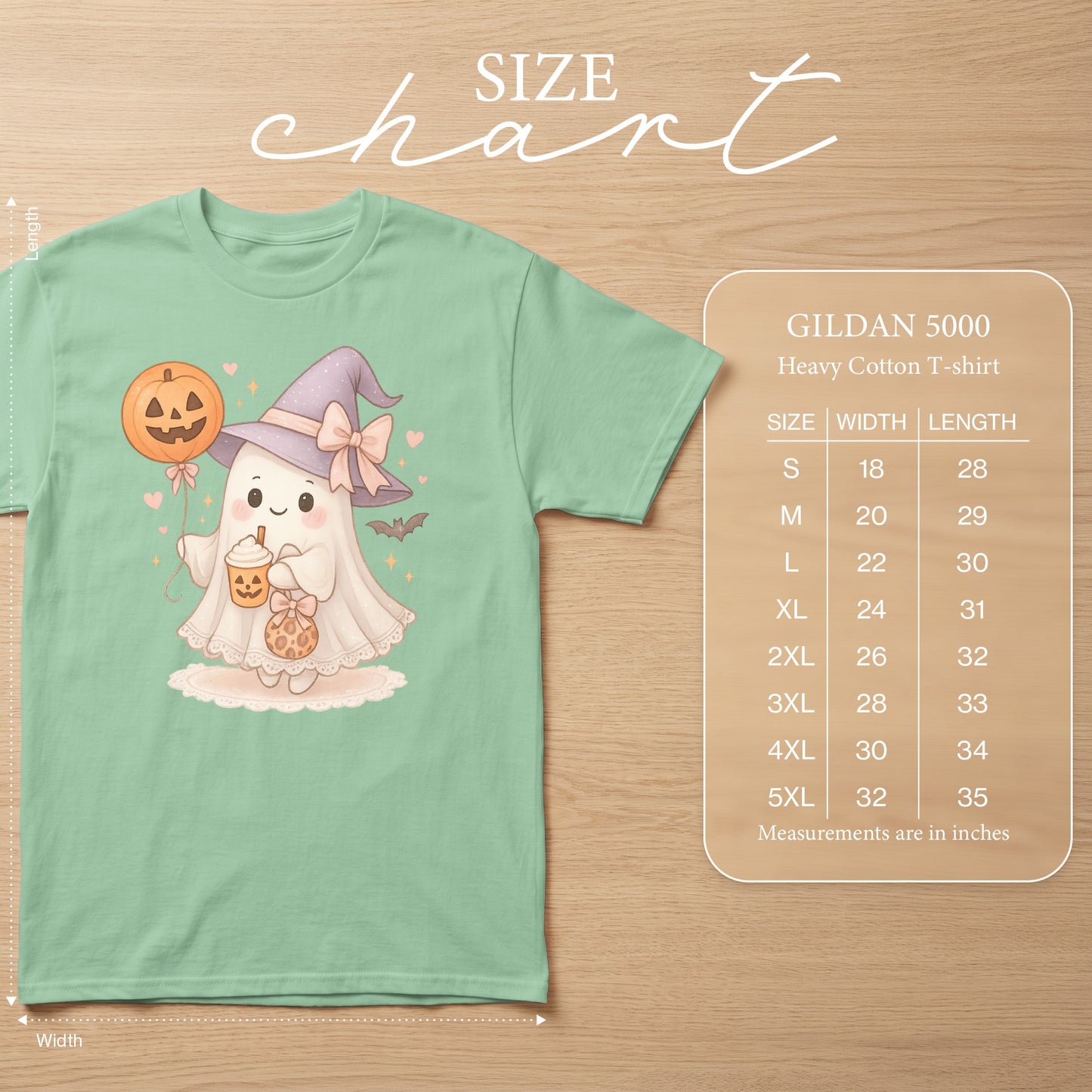 Mint green t-shirt with a cute ghost graphic and Gildan 5000 size chart.