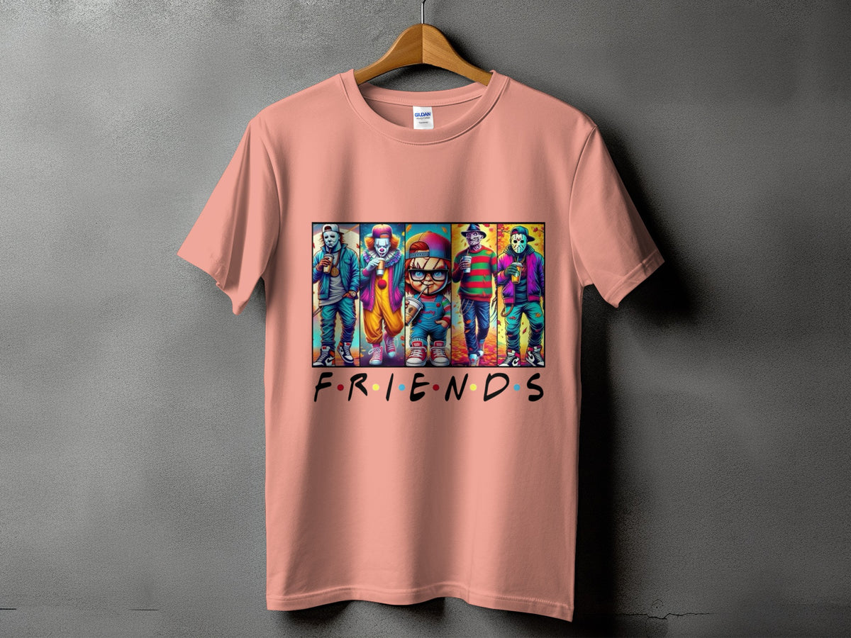 Peach t-shirt with "FRIENDS" logo and horror characters art.