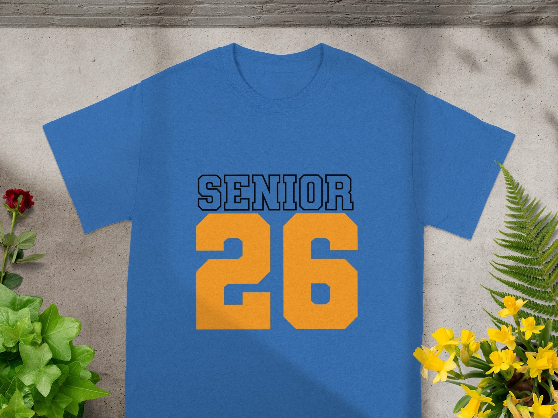 Senior 26 Blue T-Shirt with Yellow Number Design