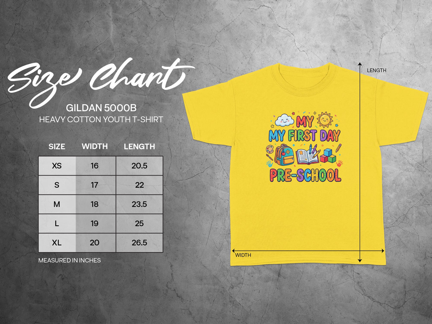Yellow Gildan youth t-shirt with "My First Day Pre-School" graphic and size chart.