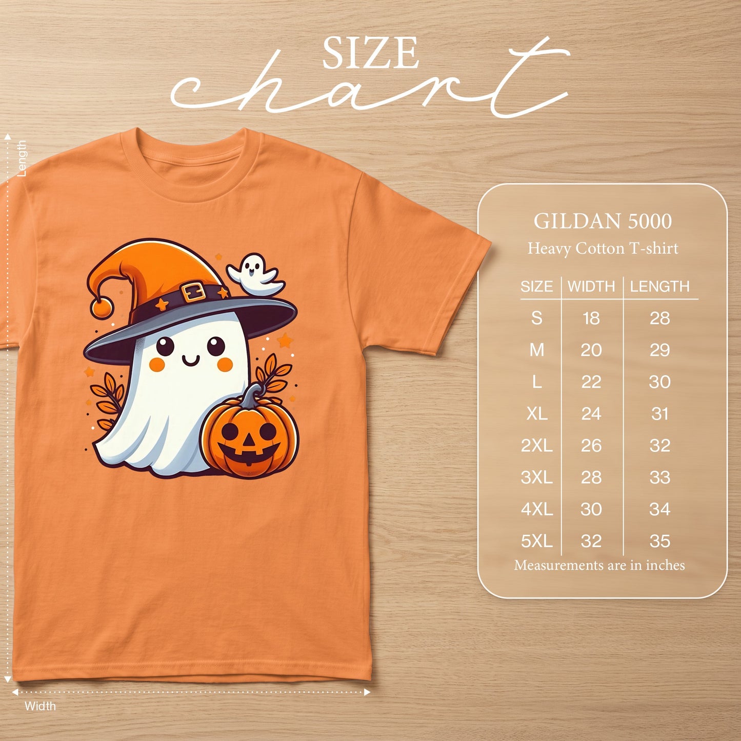 Orange Gildan 5000 t-shirt with a cute ghost, pumpkin, and witch hat graphic. Includes size chart.