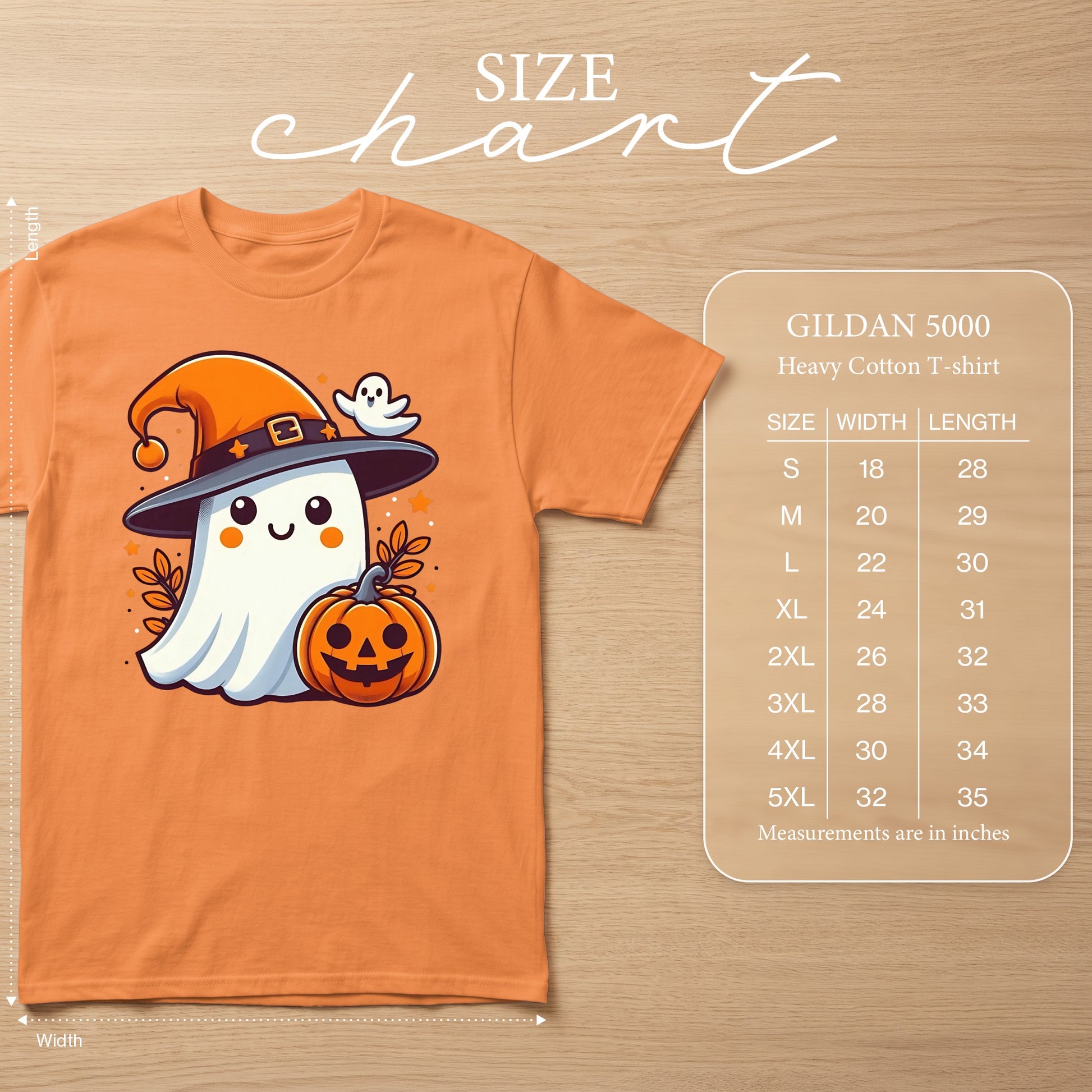 Orange Gildan 5000 t-shirt with a cute ghost, pumpkin, and witch hat graphic. Includes size chart.