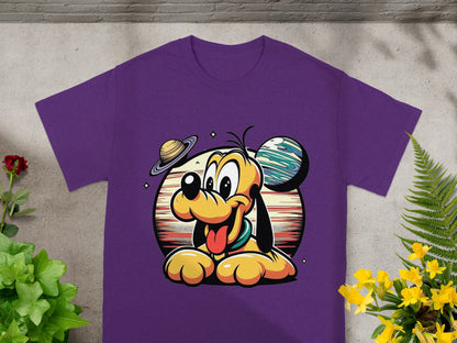 Purple t-shirt with cartoon Pluto dog and planets graphic.