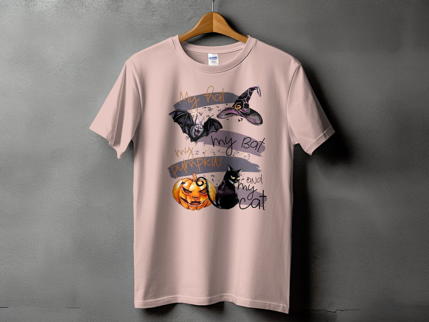 Pink t-shirt with Halloween graphic: my hat, my bat, my pumpkin, and my cat.