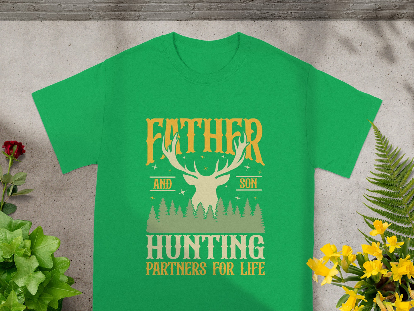 Green t-shirt with "Father and Son Hunting Partners for Life" text and deer graphic.