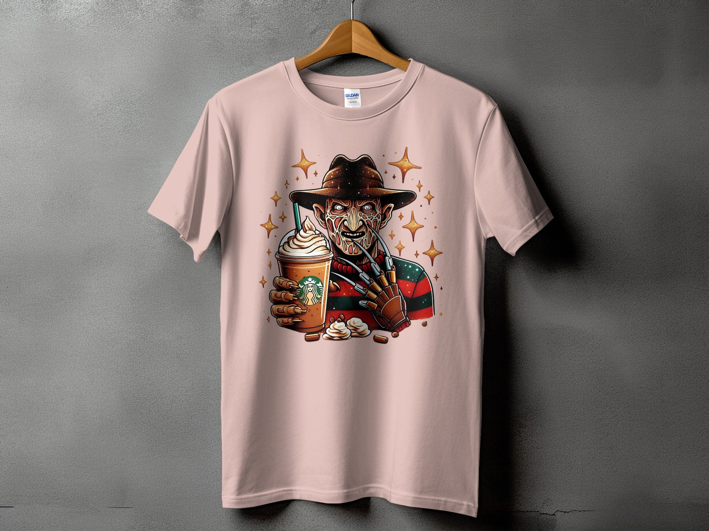 Freddy Krueger holding a Starbucks Frappuccino with a clawed glove.