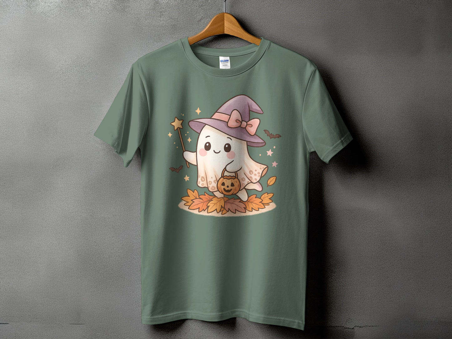 Cute ghost with witch hat, holding pumpkin basket and magic wand on leaves.