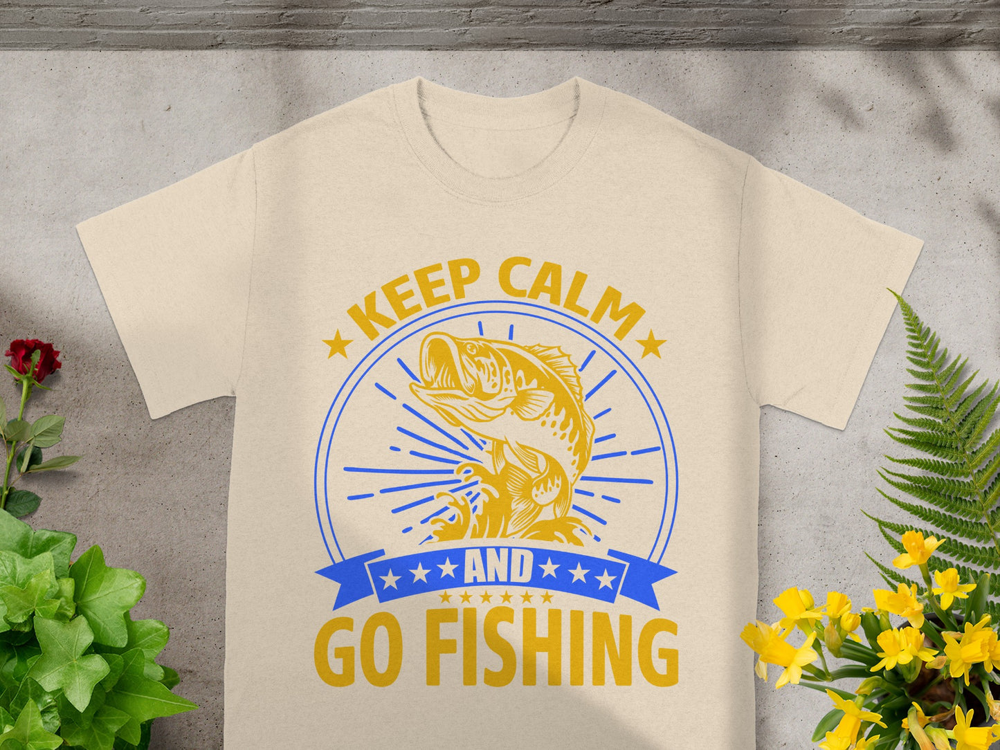 Yellow text "KEEP CALM AND GO FISHING" with a bass illustration on a t-shirt.