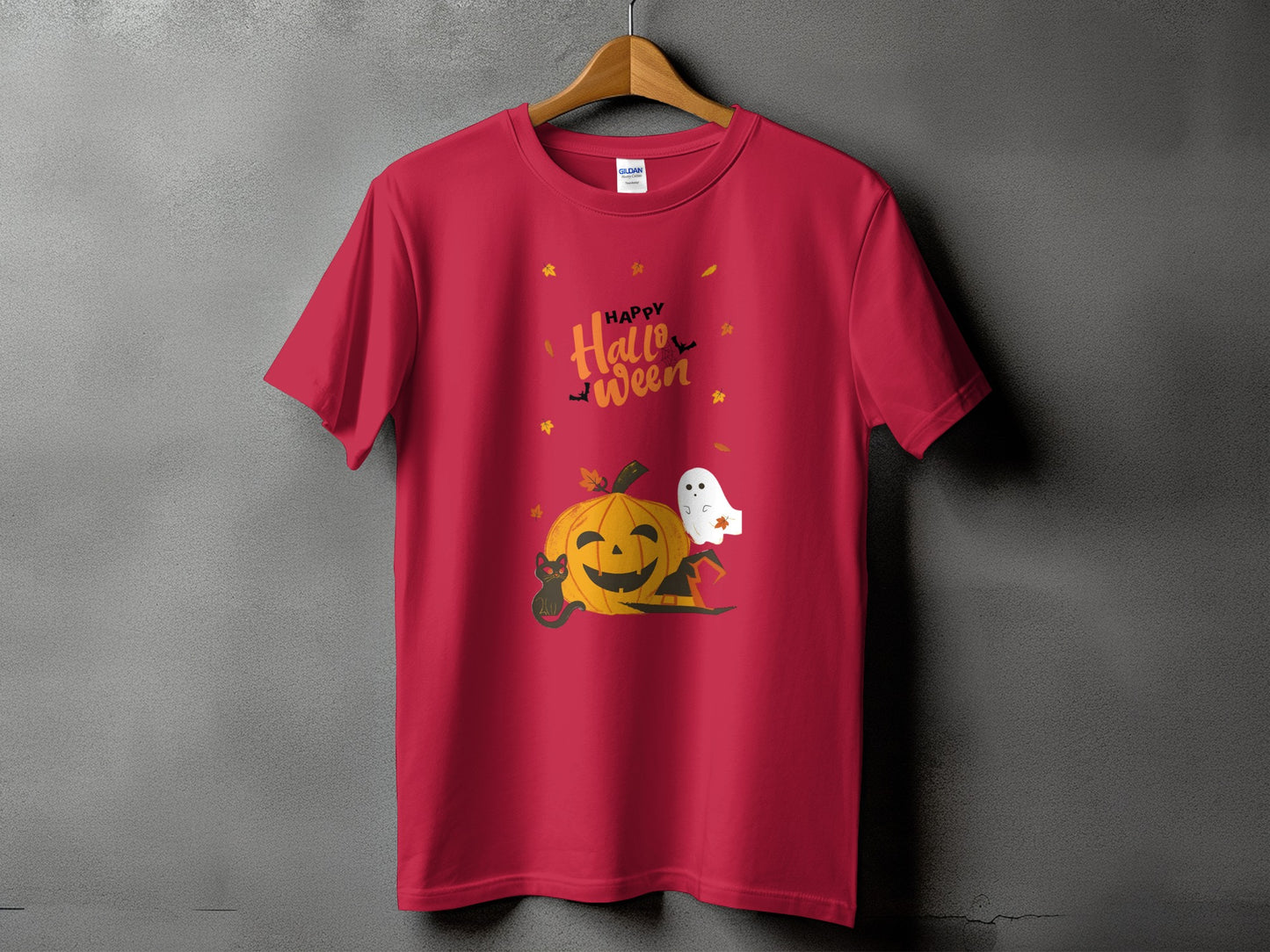 Red t-shirt with "Happy Halloween" text and pumpkin, ghost, and cat design.