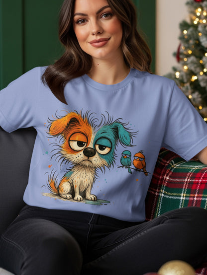 Blue t-shirt with a cartoon dog and two small birds.