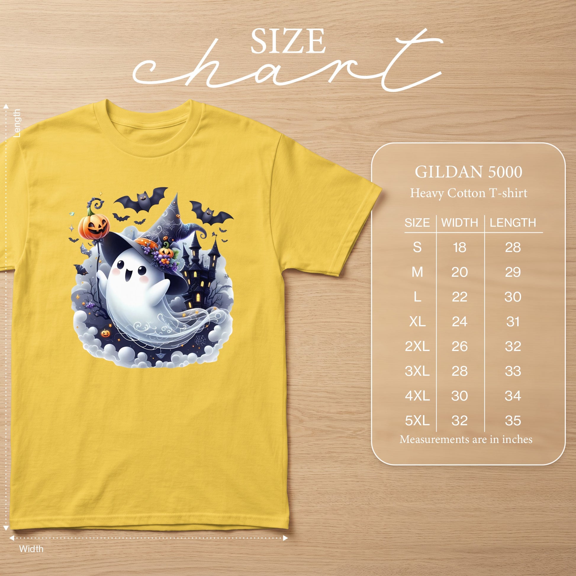 Yellow t-shirt with cute ghost, castle, and bats Halloween graphic. Size chart included.