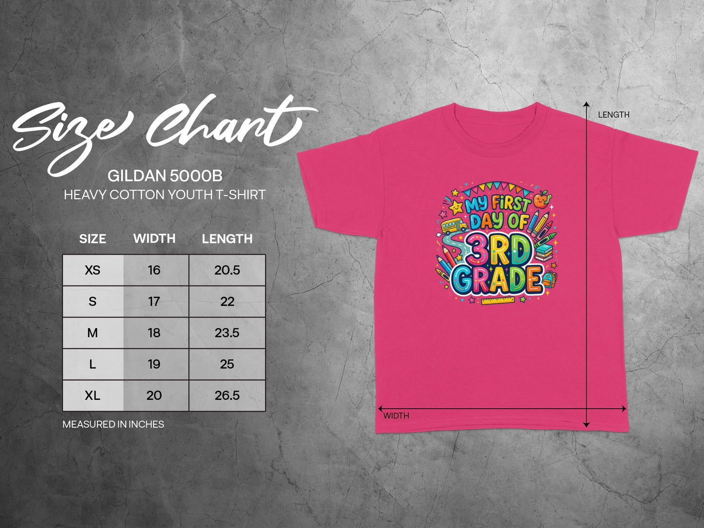 Gildan 5000B youth t-shirt size chart with width and length dimensions in inches.