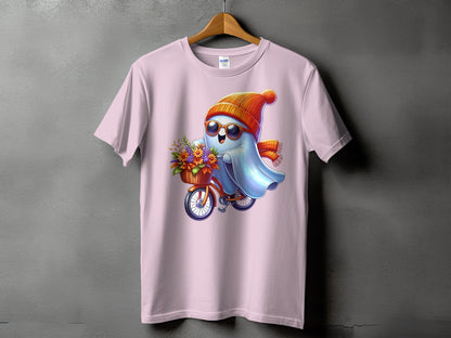 Ghost wearing hat and sunglasses rides a bicycle with flowers in basket.