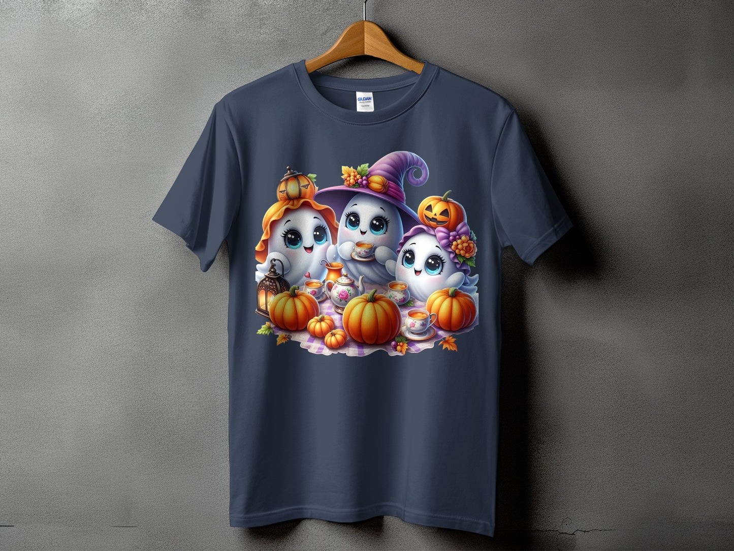 Three cute ghosts having a Halloween tea party with pumpkins and a lantern.
