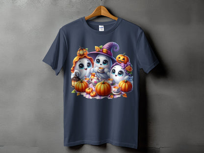 Three cute ghosts having a Halloween tea party with pumpkins and a lantern.