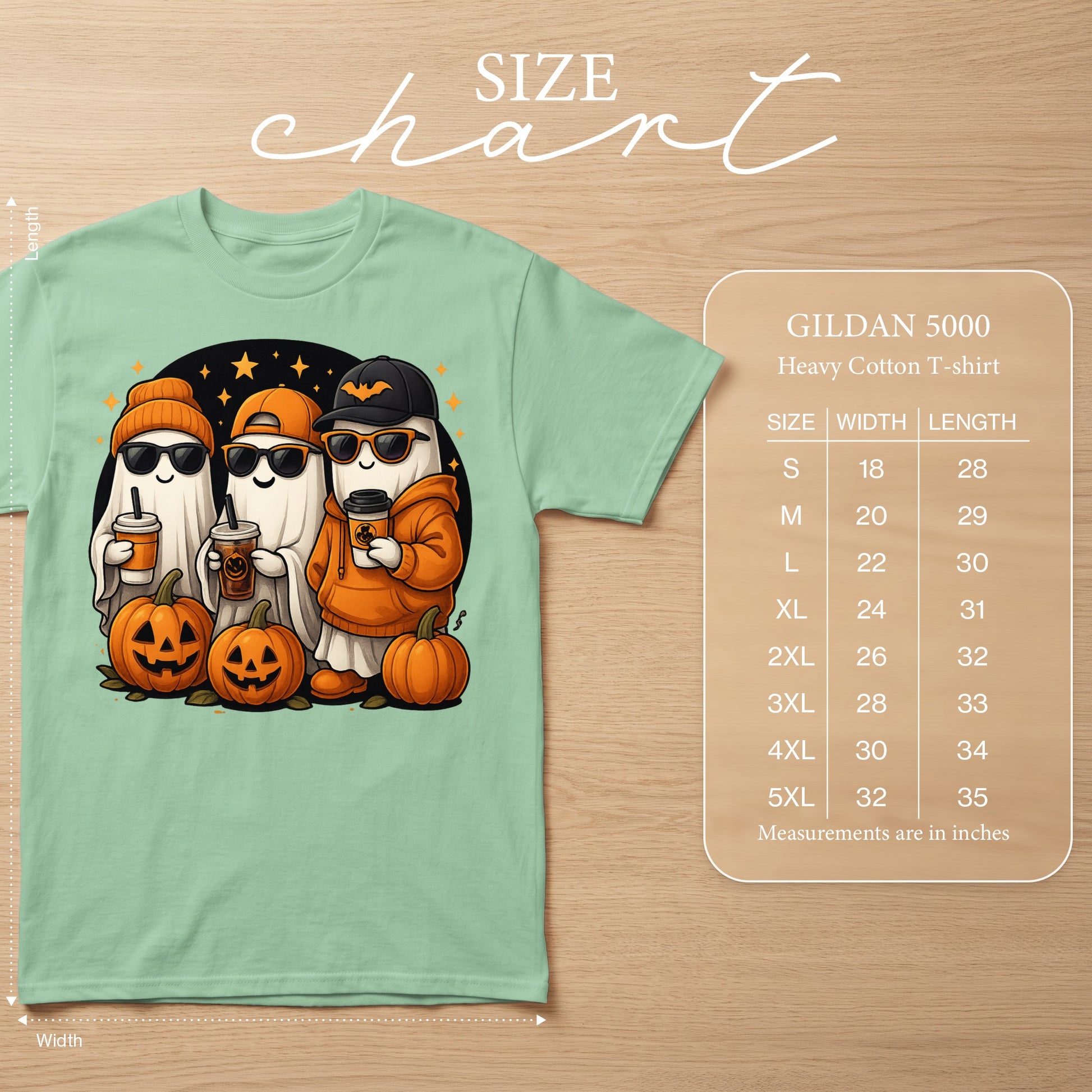 Light green Gildan 5000 t-shirt featuring three cute ghosts with pumpkins and coffee. Size chart included.