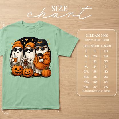 Light green Gildan 5000 t-shirt featuring three cute ghosts with pumpkins and coffee. Size chart included.