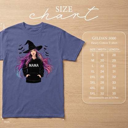Purple t-shirt with witch graphic and "Mama" text, size chart included.