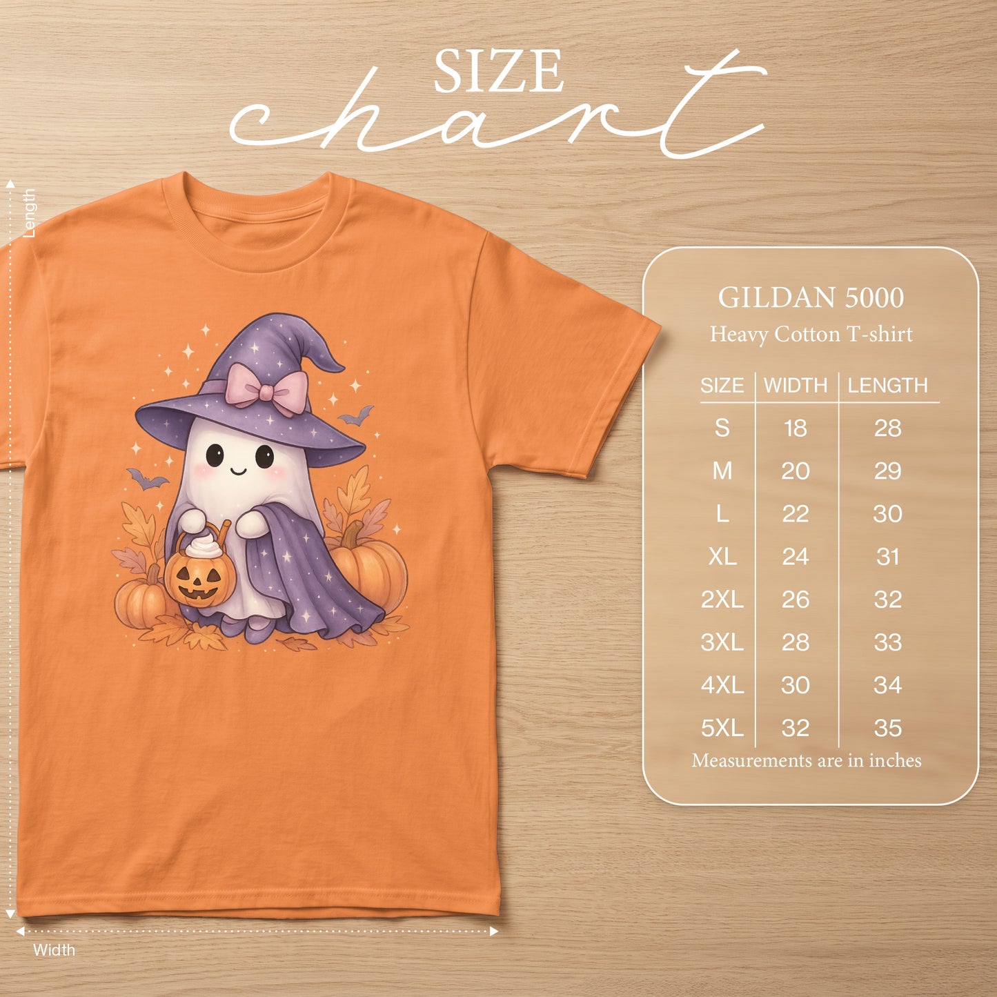 Orange Gildan 5000 t-shirt with ghost graphic and size chart.