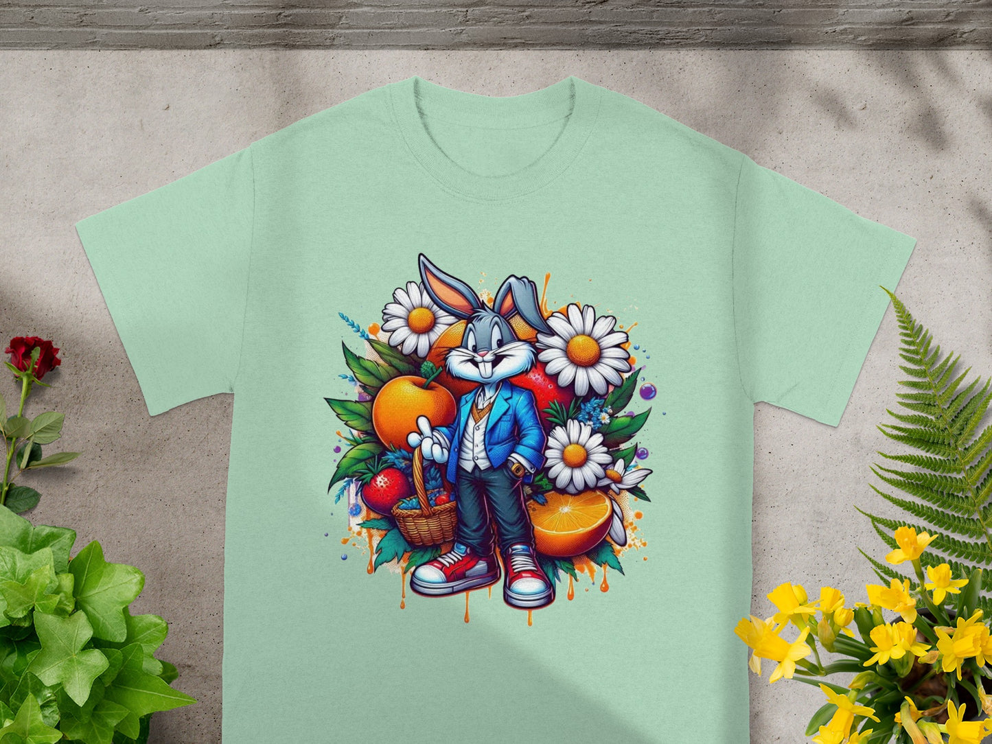 Bunny Character with Floral and Fruit Design T-Shirt