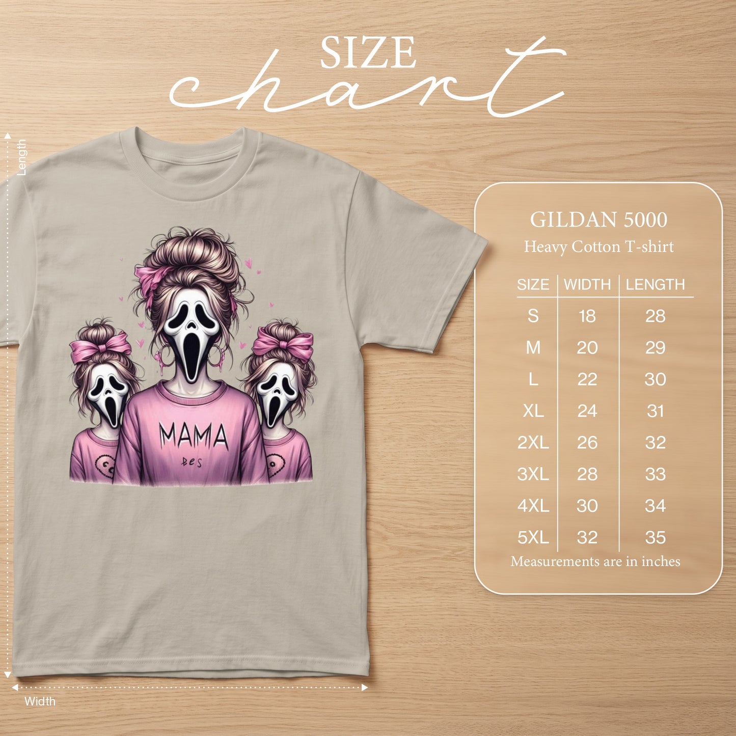 T-shirt with "MAMA bes" and Scream mask ghosts graphic, Gildan 5000 size chart.
