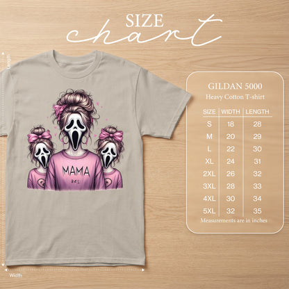 T-shirt with "MAMA bes" and Scream mask ghosts graphic, Gildan 5000 size chart.
