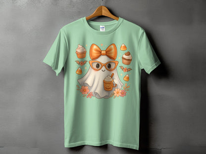Ghost wearing glasses and bow, holding a pumpkin mug, surrounded by cupcakes and candy corn.