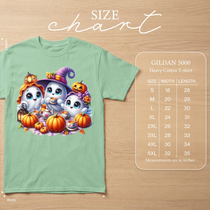 Light mint t-shirt with Halloween ghosts, pumpkins, and tea set graphic; size chart included.
