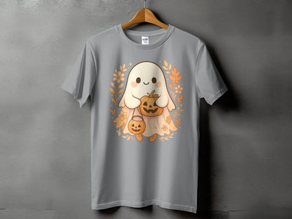 Gray t-shirt with a cute ghost holding pumpkins and surrounded by autumn leaves.
